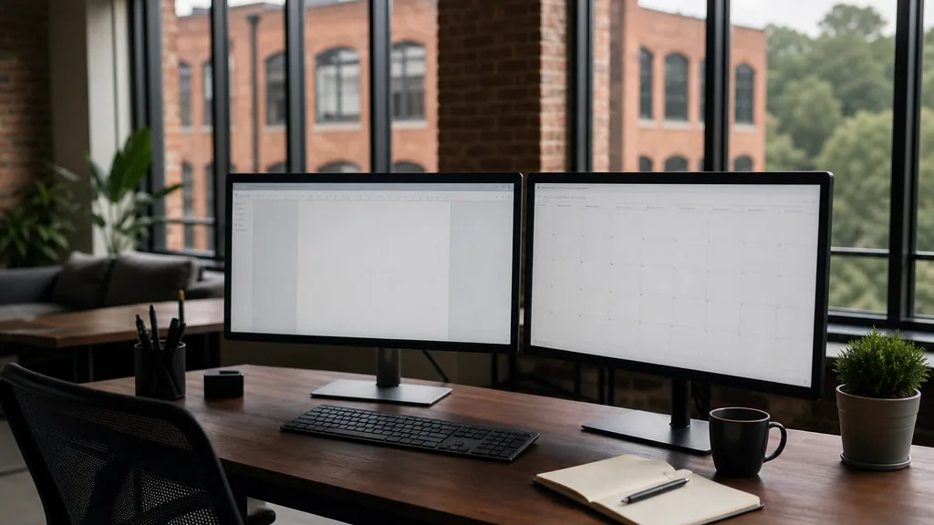 Editorial photograph of an empty marketing agency workspace in a Greensboro brick mill conversion with tall windows onto oak-lined streets and soft humid southern light