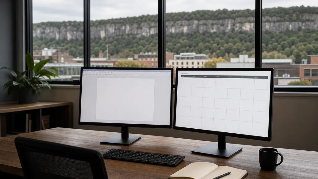 Editorial photograph of an empty marketing agency workspace in a Hamilton warehouse office with steel-framed windows onto brick factories, the escarpment ridge and pale grey light