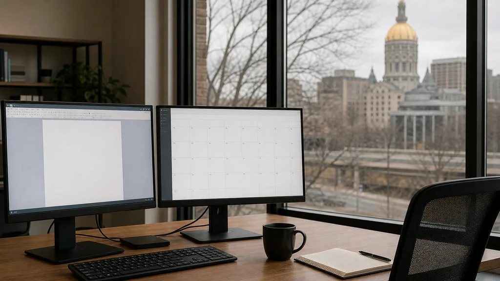 Editorial photograph of an empty marketing agency workspace in a Hartford insurance-district office with tall windows onto stone towers, river trees and cool overcast light