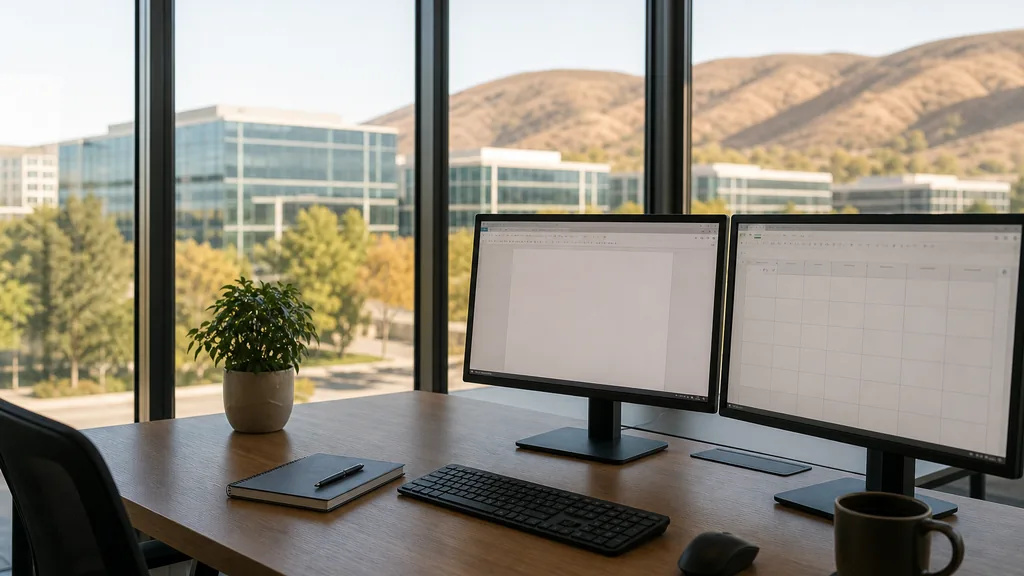 Editorial photograph of an empty marketing agency workspace in an Irvine business-park office with wide windows onto manicured lawns, low glass buildings and bright dry california light