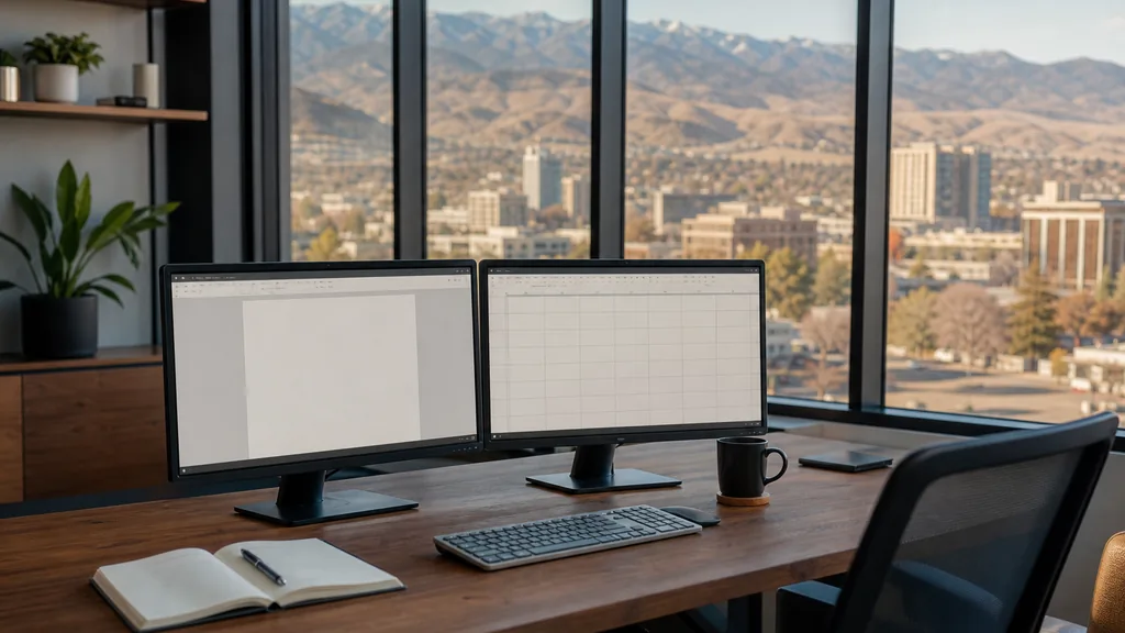 Editorial photograph of an empty marketing agency workspace in a Reno office with wide windows onto dry hills, casino signage and sharp high-desert light