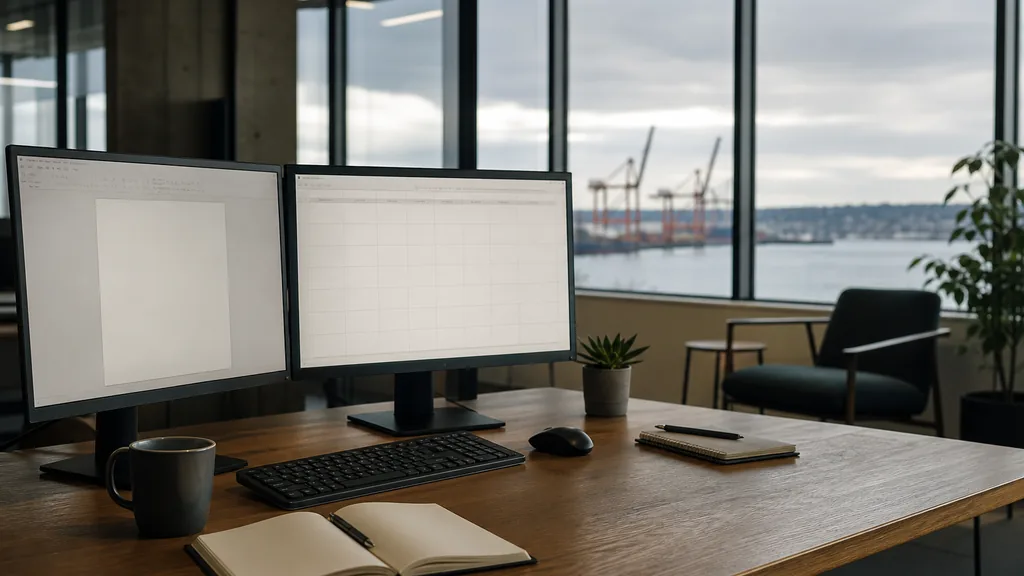 Editorial photograph of an empty marketing agency workspace in a Tacoma warehouse office with arched windows onto port cranes, brick streets and soft rainy northwest light