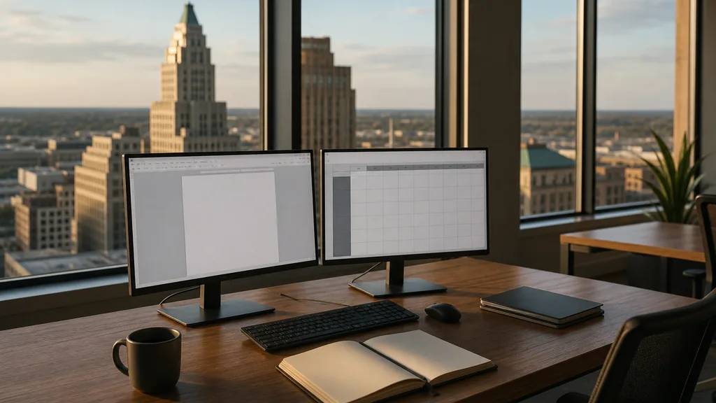 Editorial photograph of an empty marketing agency workspace in a Tulsa art-deco building with tall windows onto brick warehouses, wide streets and warm plains light