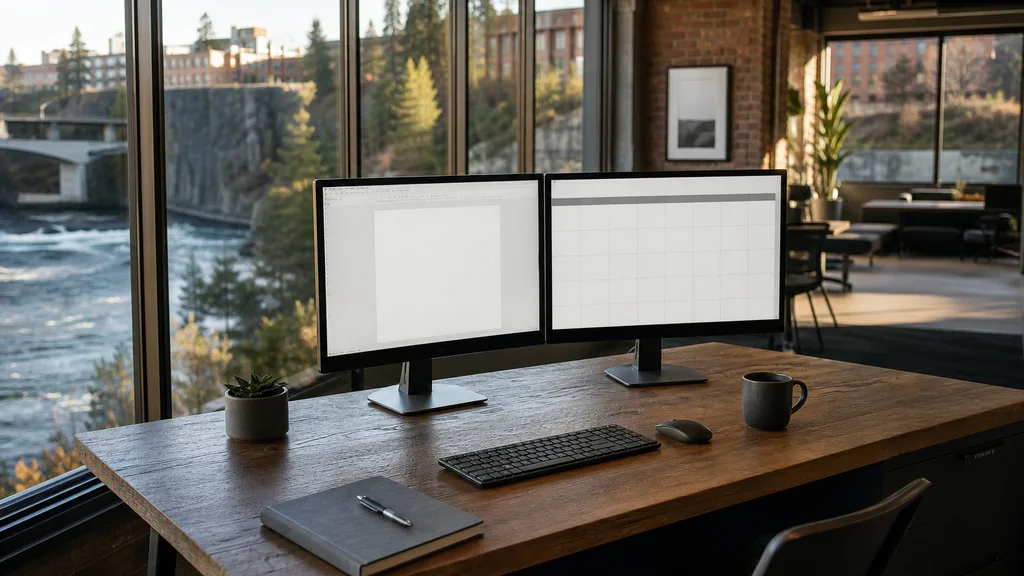 Editorial photograph of an empty marketing agency workspace in a Spokane brick loft with tall windows onto river falls, pine ridges and clear inland northwest light