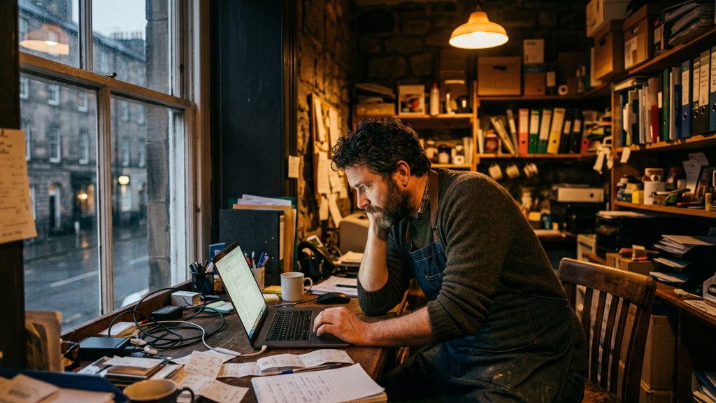 A small-business owner in an apron leaning over a laptop on a cluttered back-office desk late in the day, photographed in Edinburgh