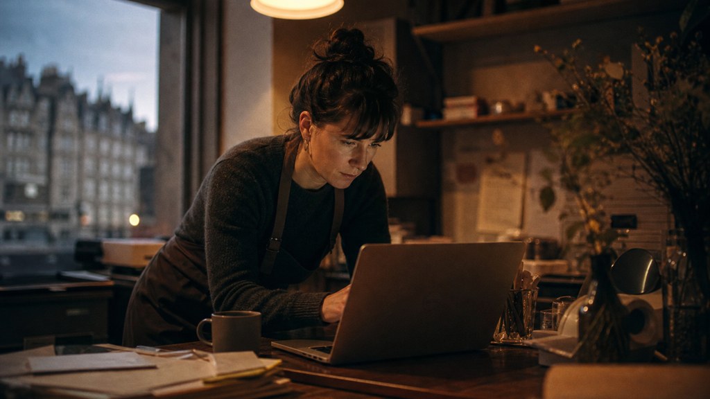 A small-business owner in an apron leaning over a laptop on a cluttered back-office desk late in the day, photographed in Edinburgh