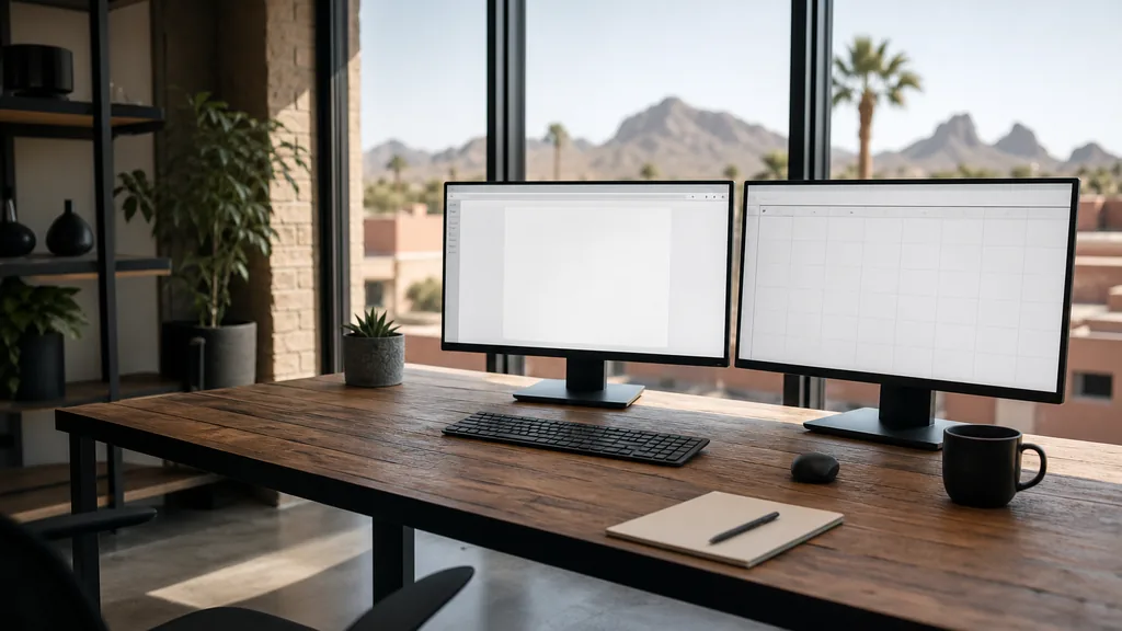 Editorial photograph of an empty marketing agency workspace in a Scottsdale low-rise office with wide windows onto desert rooftops, palms and hard bright Arizona sun