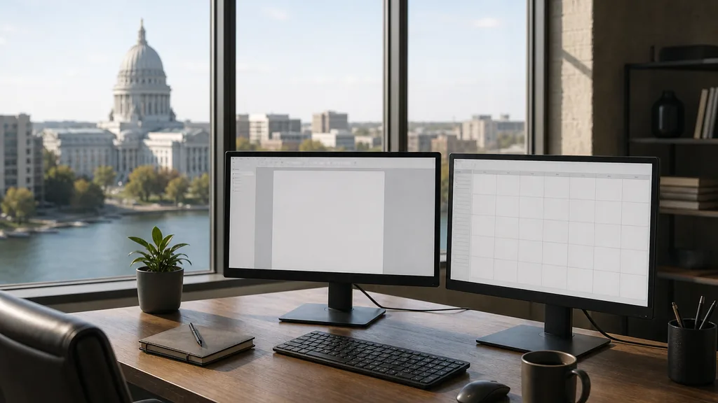 Editorial photograph of an empty marketing agency workspace in a Madison brick loft with tall windows onto a capitol dome, lake water and clear midwestern light