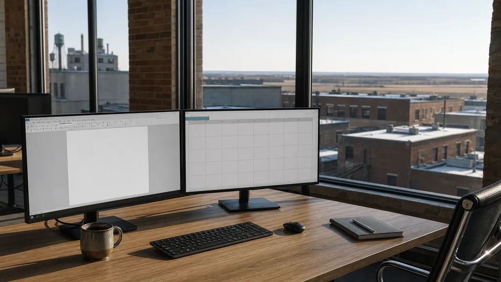 Editorial photograph of an empty marketing agency workspace in a Winnipeg warehouse office with wide windows onto brick facades, a flat prairie horizon and cold clear light