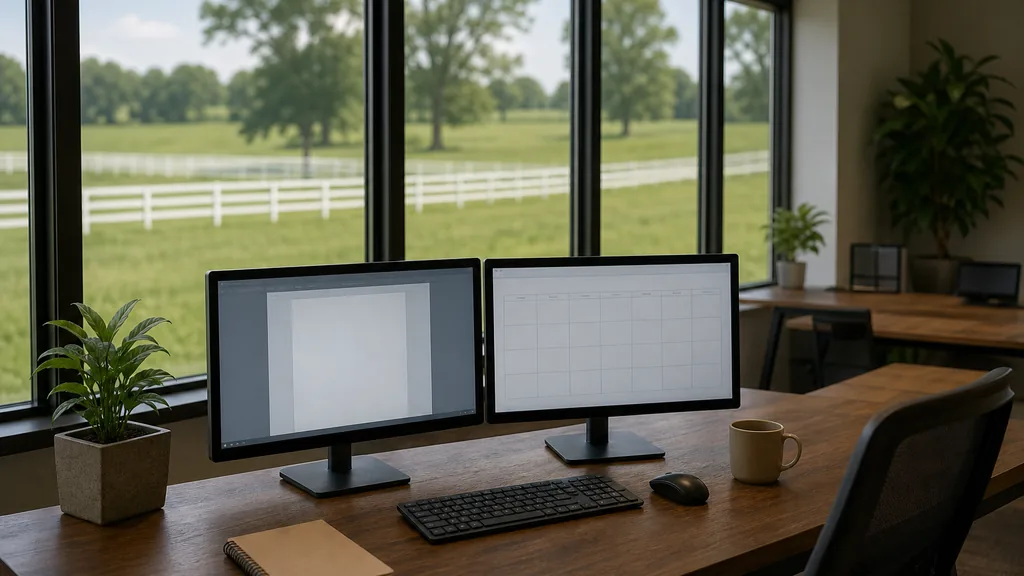 Editorial photograph of an empty marketing agency workspace in a Lexington converted stable office with wide windows onto paddock fences, white rails and soft green light