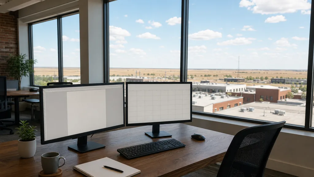 Editorial photograph of an empty marketing agency workspace in a Wichita low-rise office with wide windows onto flat plains, low rooftops and a wide bright sky