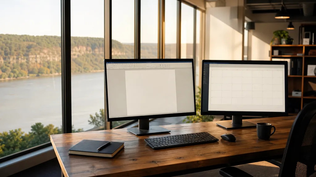 Editorial photograph of an empty marketing agency workspace in a Little Rock riverfront office with tall windows onto a wide river, forested bluffs and warm southern light