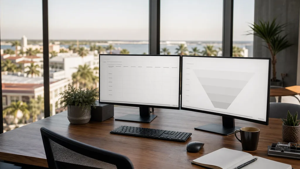 Editorial photograph of an empty marketing agency workspace in a Tampa waterfront office with tall windows onto palm trees, bay water and hard bright Florida sun