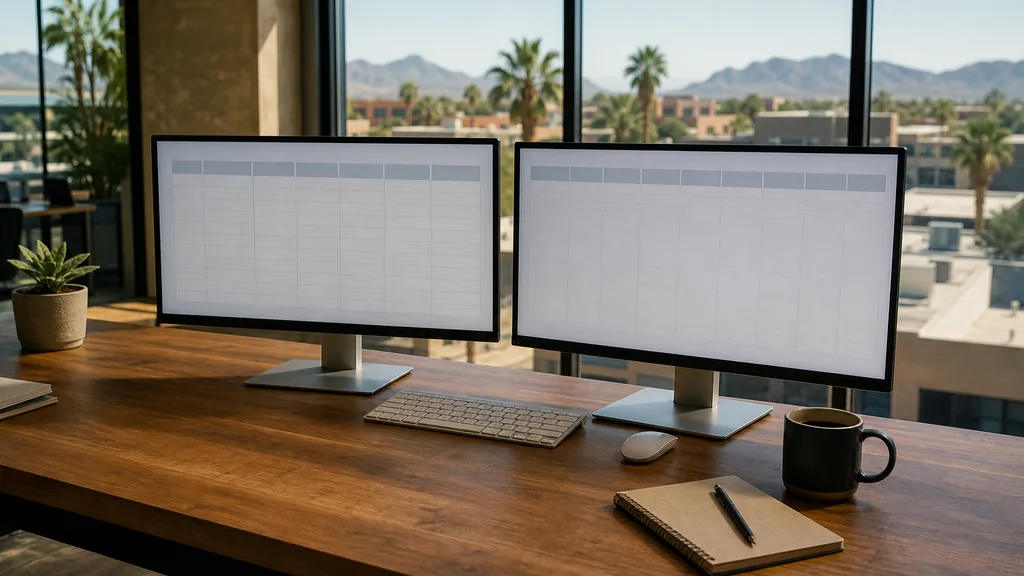 Editorial photograph of an empty marketing agency workspace in a Phoenix low-rise office with wide windows onto desert rooftops, palms and hard bright Arizona sun