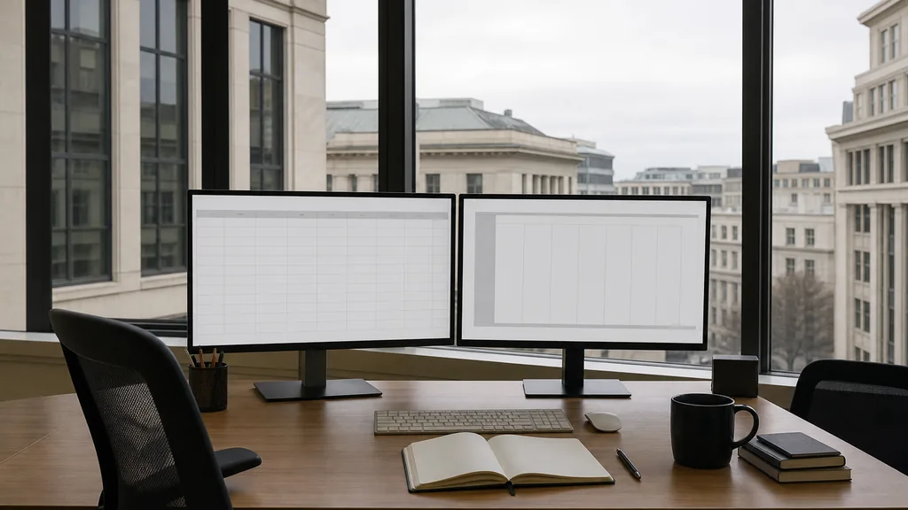 Editorial photograph of an empty marketing agency workspace in a Washington DC row-house office with tall windows onto brick facades, street trees and soft grey light