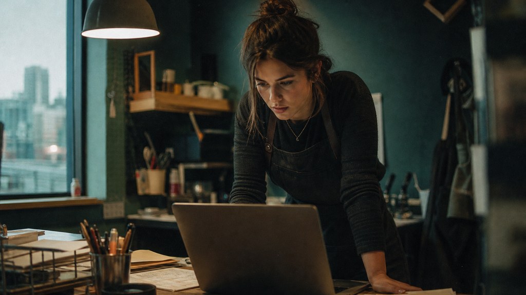 A small-business owner in an apron leaning over a laptop on a cluttered back-office desk late in the day, photographed in Edmonton
