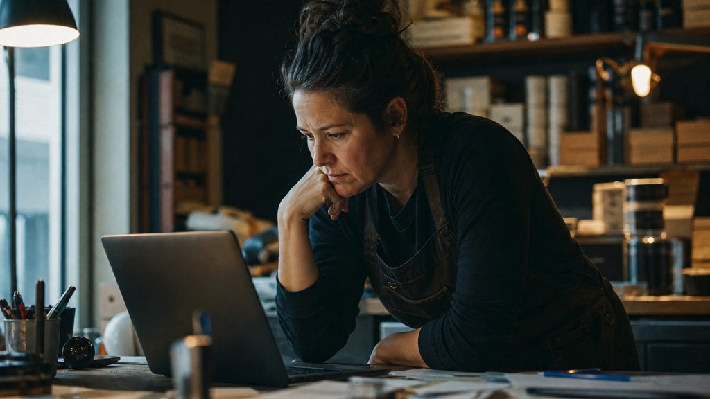 A small-business owner in an apron leaning over a laptop on a cluttered back-office desk late in the day, photographed in Edmonton