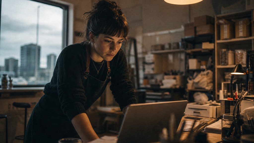 A small-business owner in an apron leaning over a laptop on a cluttered back-office desk late in the day, photographed in Edmonton