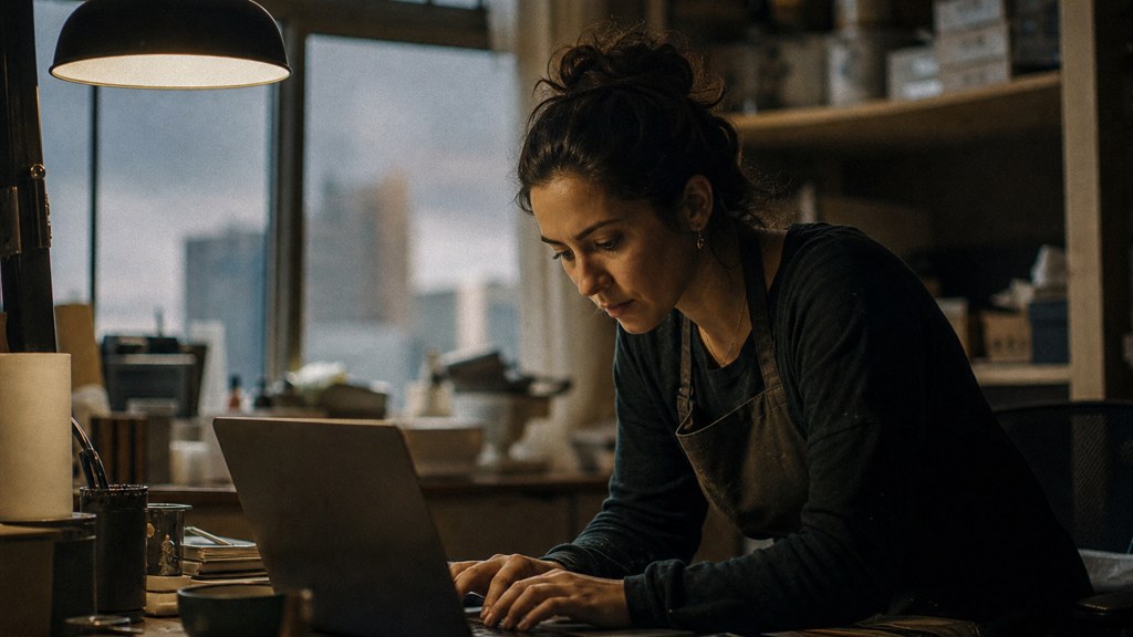 A small-business owner in an apron leaning over a laptop on a cluttered back-office desk late in the day, photographed in Edmonton