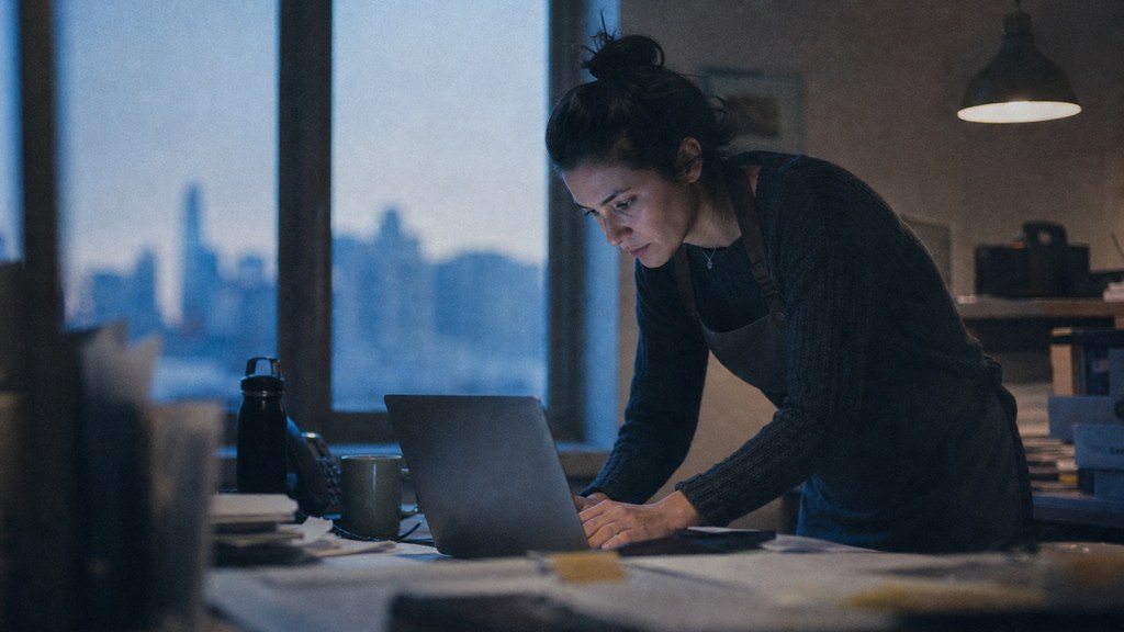 A small-business owner in an apron leaning over a laptop on a cluttered back-office desk late in the day, photographed in Edmonton
