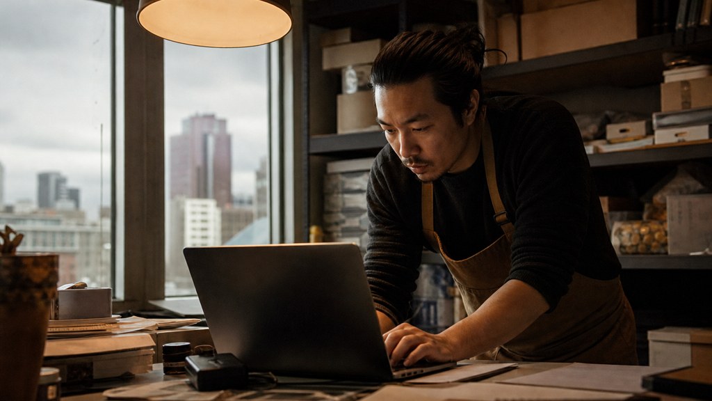 A small-business owner in an apron leaning over a laptop on a cluttered back-office desk late in the day, photographed in Edmonton