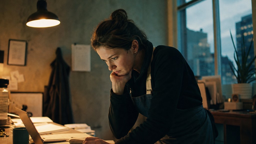 A small-business owner in an apron leaning over a laptop on a cluttered back-office desk late in the day, photographed in Edmonton
