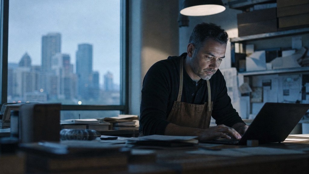 A small-business owner in an apron leaning over a laptop on a cluttered back-office desk late in the day, photographed in Edmonton