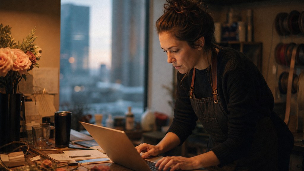 A small-business owner in an apron leaning over a laptop on a cluttered back-office desk late in the day, photographed in Edmonton