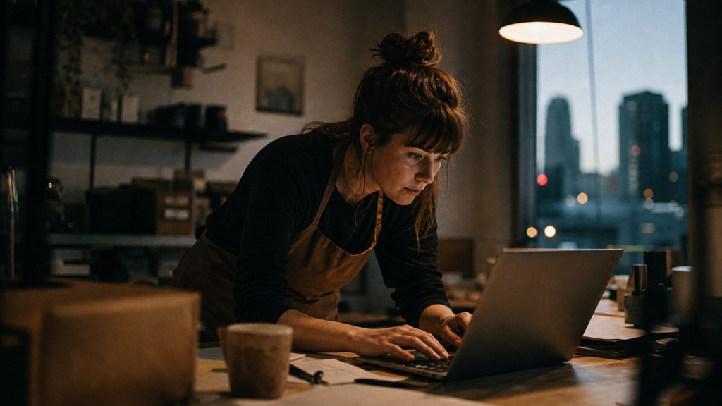 A small-business owner in an apron leaning over a laptop on a cluttered back-office desk late in the day, photographed in Edmonton