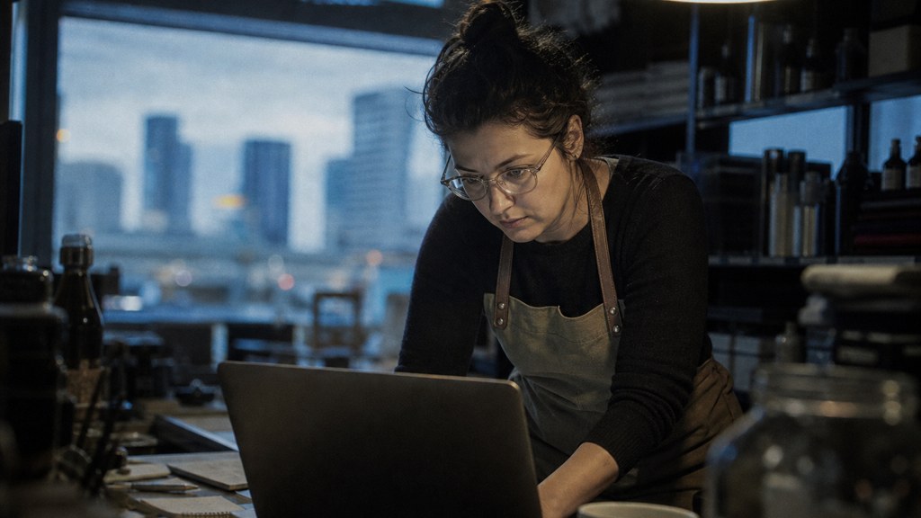 A small-business owner in an apron leaning over a laptop on a cluttered back-office desk late in the day, photographed in Edmonton
