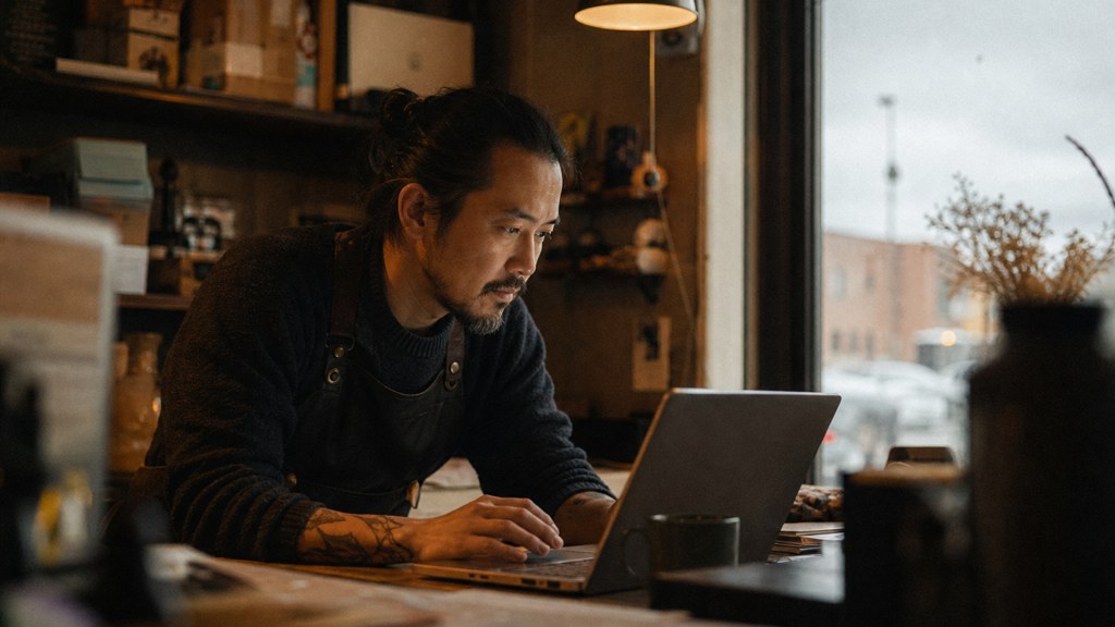 A small-business owner in an apron leaning over a laptop on a cluttered back-office desk late in the day, photographed in Edmonton