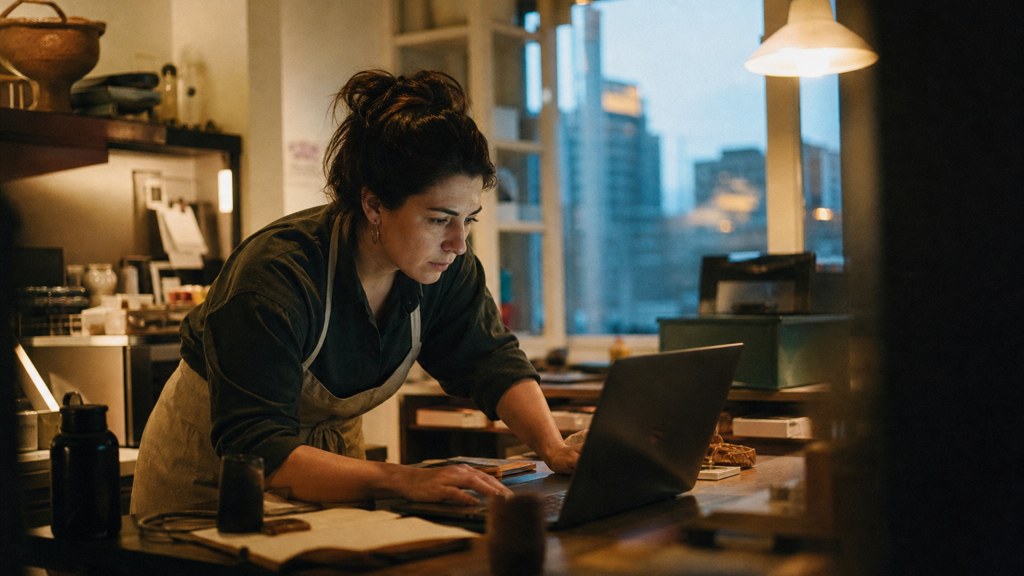 A small-business owner in an apron leaning over a laptop on a cluttered back-office desk late in the day, photographed in Edmonton