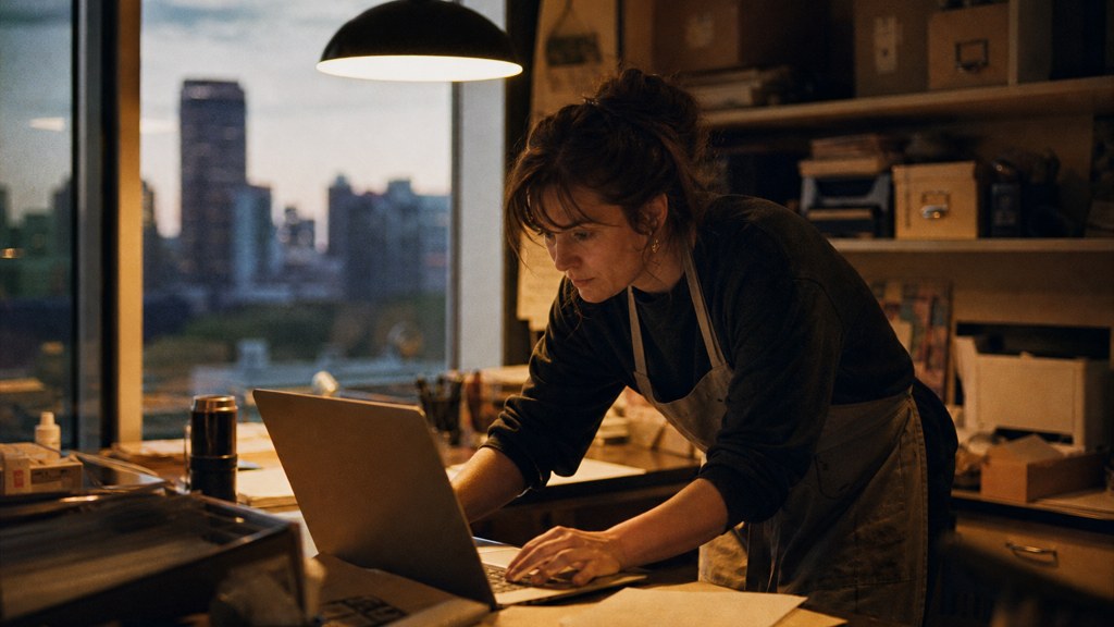 A small-business owner in an apron leaning over a laptop on a cluttered back-office desk late in the day, photographed in Edmonton