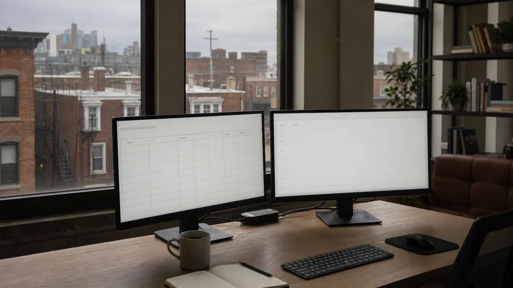 Editorial photograph of an empty marketing agency workspace in a Philadelphia converted brick warehouse office with tall windows onto rowhouse rooftops, fire escapes and soft grey northeastern light