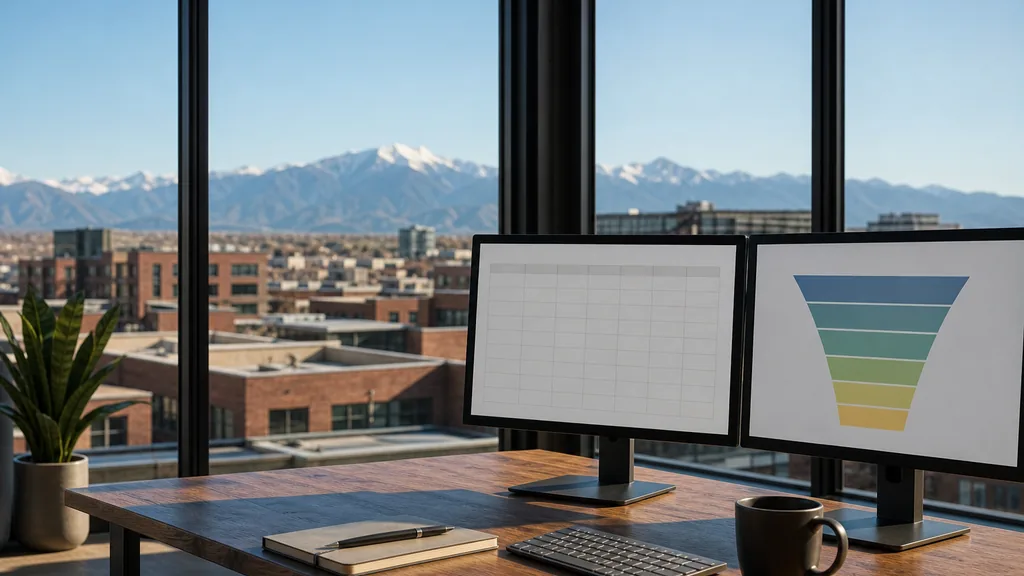 Editorial photograph of an empty marketing agency workspace in a Denver LoDo loft office with tall windows onto low brick rooftops, distant Rocky Mountain peaks and clear high-altitude sun