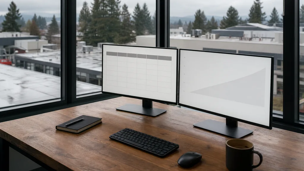 Editorial photograph of an empty marketing agency workspace in a Seattle Pioneer Square office with tall windows onto wet rooftops, evergreen trees and flat overcast Pacific Northwest light