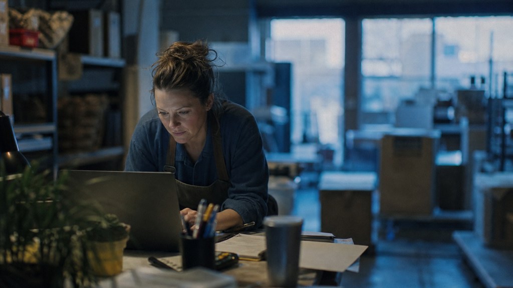 A small-business owner in an apron leaning over a laptop on a cluttered back-office desk late in the day, photographed in Fayetteville