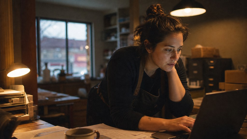 A small-business owner in an apron leaning over a laptop on a cluttered back-office desk late in the day, photographed in Fayetteville