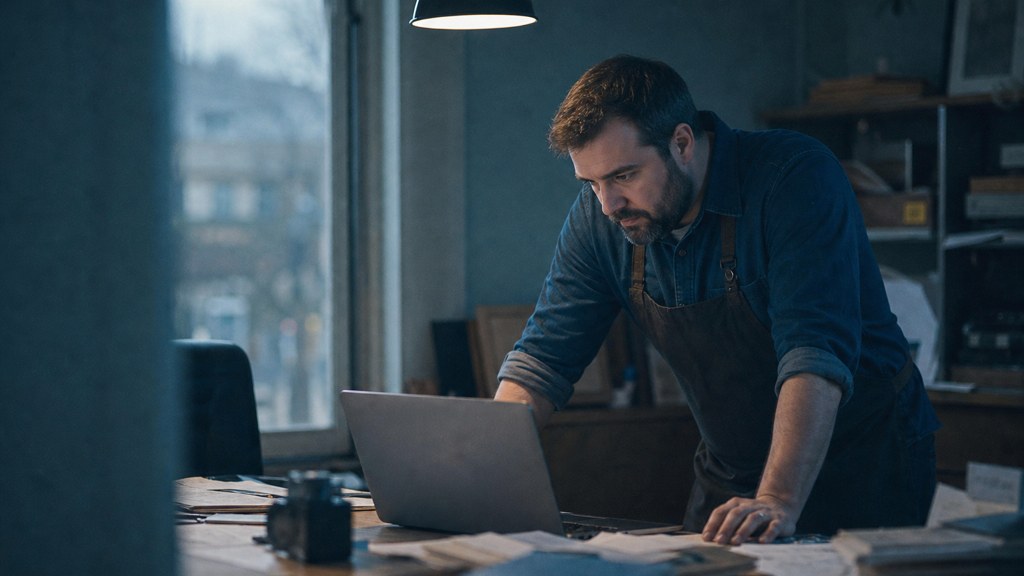 A small-business owner in an apron leaning over a laptop on a cluttered back-office desk late in the day, photographed in Fayetteville