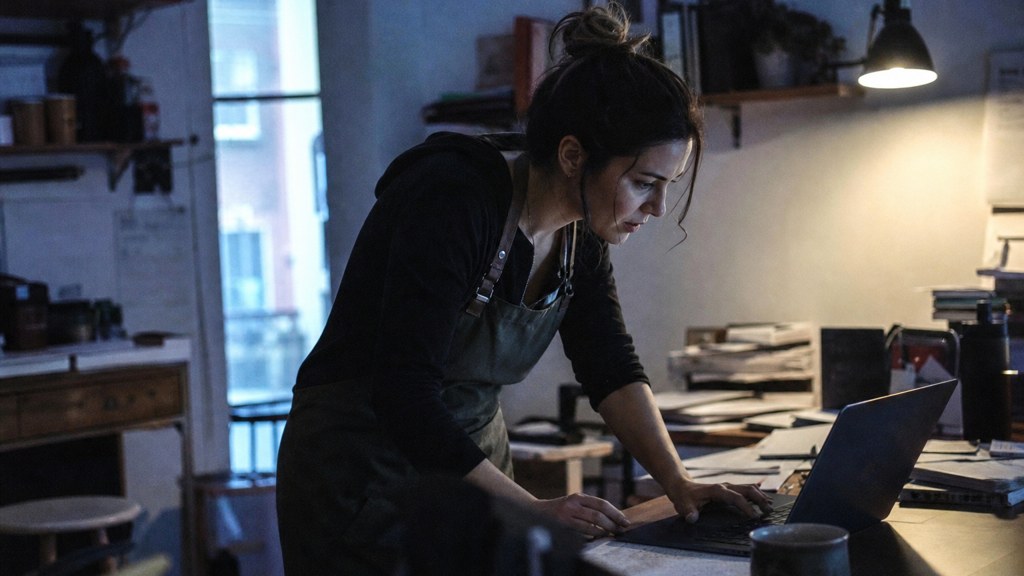 A small-business owner in an apron leaning over a laptop on a cluttered back-office desk late in the day, photographed in Fayetteville