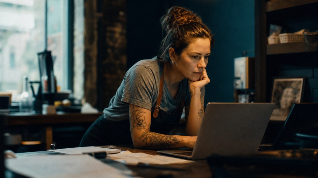 A small-business owner in an apron leaning over a laptop on a cluttered back-office desk late in the day, photographed in Fayetteville