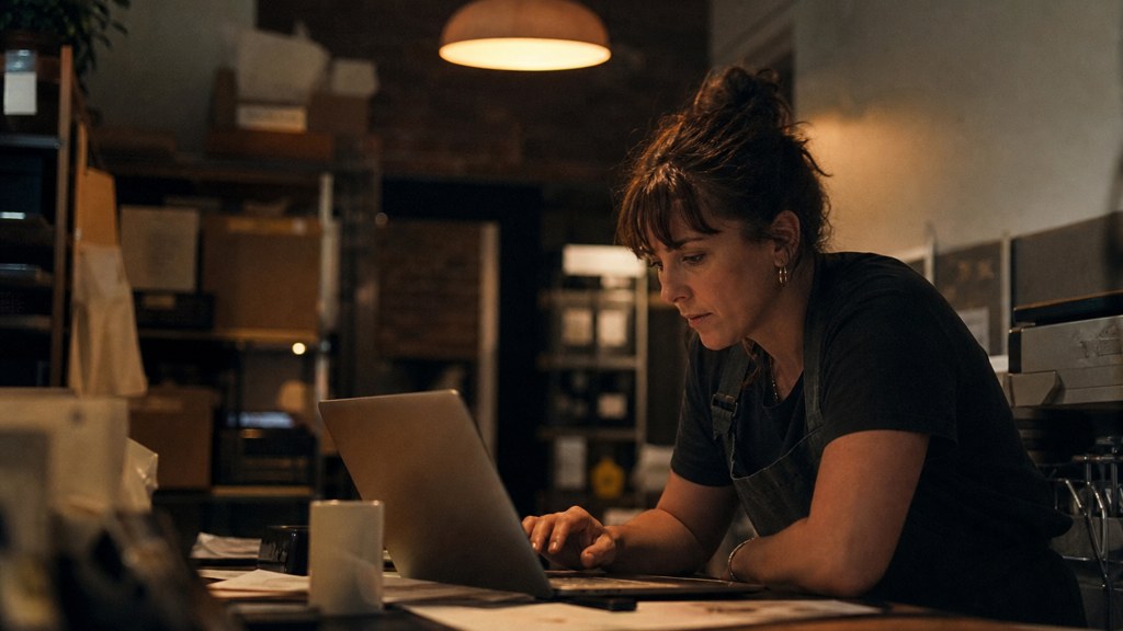 A small-business owner in an apron leaning over a laptop on a cluttered back-office desk late in the day, photographed in Fayetteville