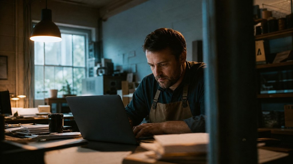 A small-business owner in an apron leaning over a laptop on a cluttered back-office desk late in the day, photographed in Fayetteville