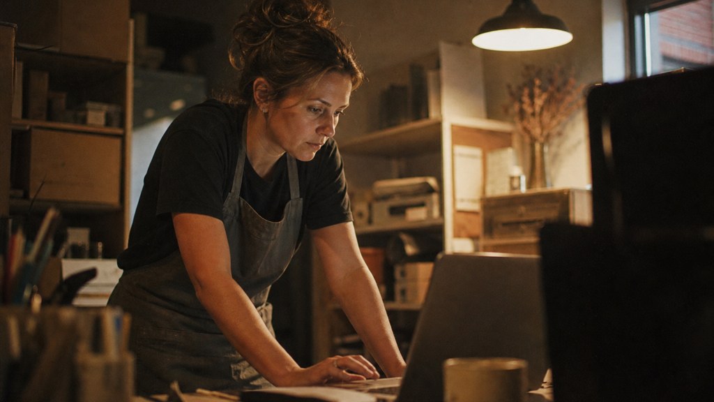 A small-business owner in an apron leaning over a laptop on a cluttered back-office desk late in the day, photographed in Fayetteville