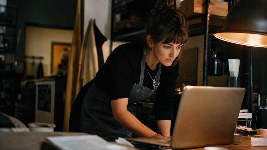 A small-business owner in an apron leaning over a laptop on a cluttered back-office desk late in the day, photographed in Fayetteville