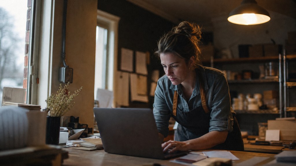 A small-business owner in an apron leaning over a laptop on a cluttered back-office desk late in the day, photographed in Fayetteville