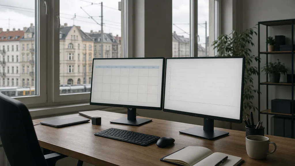 Editorial photograph of an empty marketing agency workspace in a Berlin Altbau office with tall windows onto rooftops, tram wires and soft grey northern light
