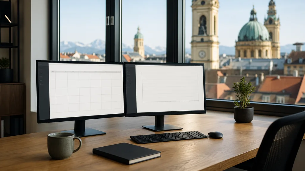 Editorial photograph of an empty marketing agency workspace in a Munich office with tall windows onto baroque rooftops, copper domes and clear alpine light