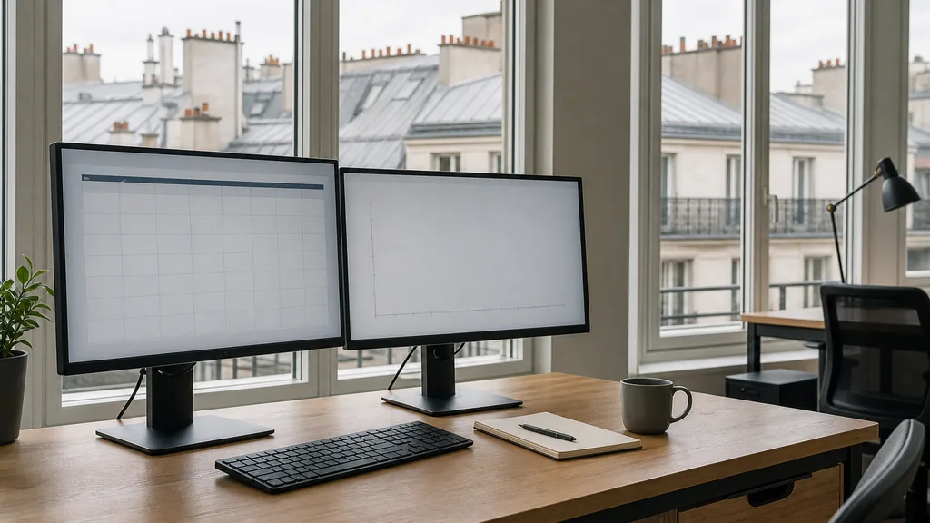 Editorial photograph of an empty marketing agency workspace in a Paris Haussmann office with tall windows onto zinc rooftops, chimney pots and soft overcast light