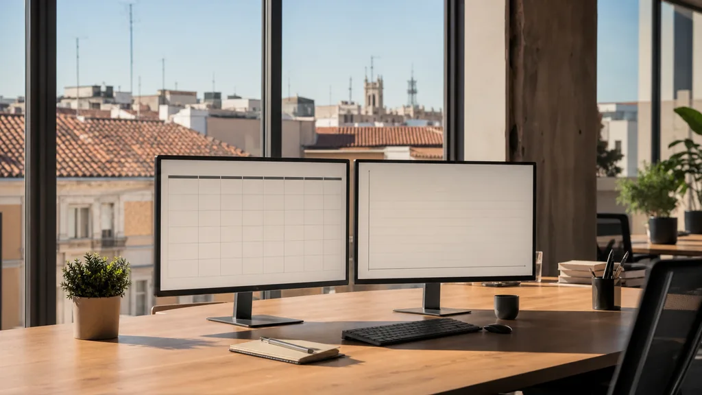 Editorial photograph of an empty marketing agency workspace in a Madrid office with tall windows onto tiled rooftops and bright dry Castilian sun